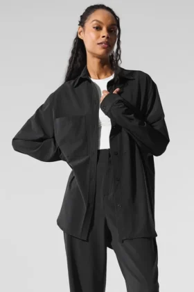 Dreamscape Langarmshirt mit Knopfleiste – Schwarz