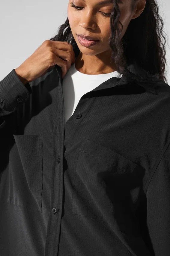 Dreamscape Langarmshirt mit Knopfleiste – Schwarz
