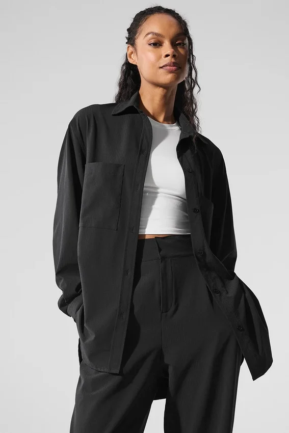 Dreamscape Langarmshirt mit Knopfleiste – Schwarz