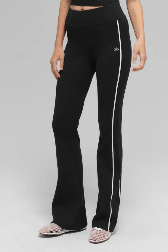 Gerippte Pullover-Strick-Highline-Flare-Hose – Schwarz/Weiß