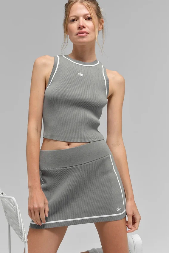 Geripptes Highline-Cropped-Top aus Strick – Lunar Grey/Weiß