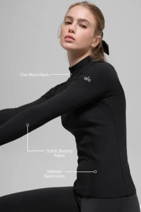 Geripptes „Mesmerize“-Langarmshirt mit Stehkragen – Schwarz