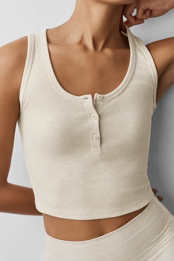 Geripptes Modal-Henley-Top – Oatmeal Heather