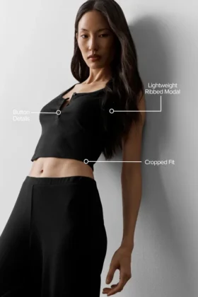 Geripptes Modal-Henley-Top – Schwarz