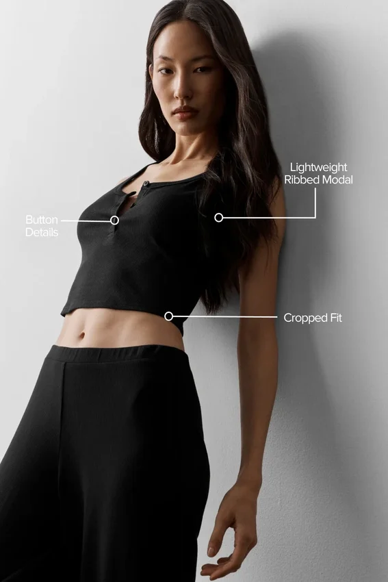 Geripptes Modal-Henley-Top – Schwarz