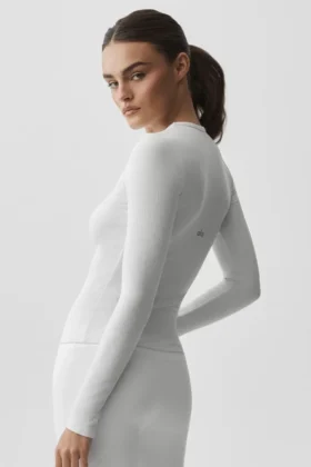 Geripptes Modal-Langarmshirt – Weiß