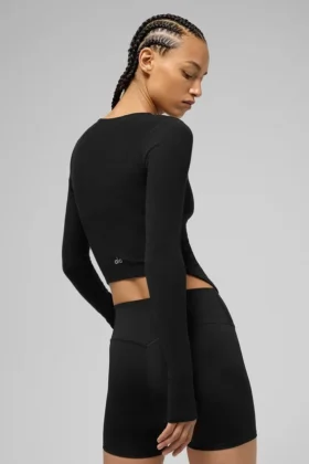 Geripptes „Stardust“-Langarmshirt – Schwarz