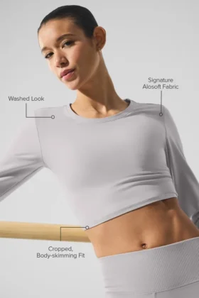 Gewaschenes Alosoft Crop Finesse Langarmshirt – Grey Sky Wash