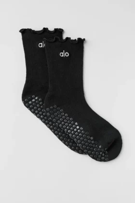 Grip-Socken mit Rüschenrand – Schwarz
