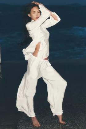 Halbtransparente „Golden Hour“-Hose mit High-Waist und geradem Bein – Elfenbein