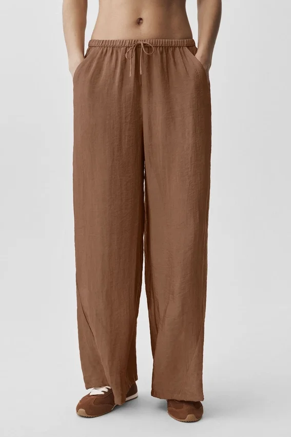 Halbtransparente „Golden Hour“-Hose mit High-Waist und geradem Bein – Sun Kissed Brown