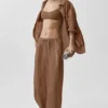 Halbtransparente „Golden Hour“-Hose mit High-Waist und geradem Bein – Sun Kissed Brown