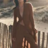 Halbtransparente „Golden Hour“-Hose mit High-Waist und geradem Bein – Sun Kissed Brown