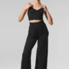 Halbtransparente, zarte Lounge-Hose mit ausgestelltem Bein – Schwarz