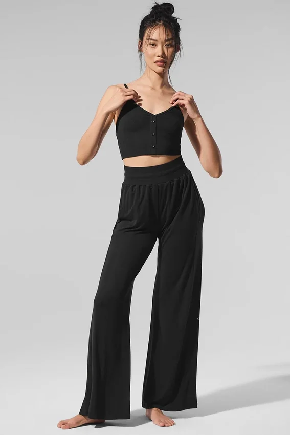 Halbtransparente, zarte Lounge-Hose mit ausgestelltem Bein – Schwarz