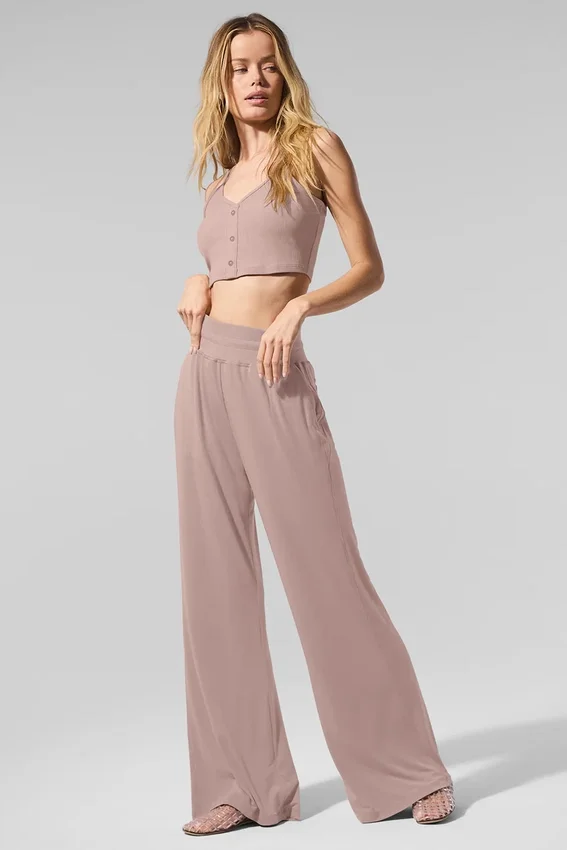 Halbtransparente, zarte Lounge-Hose mit ausgestelltem Bein – Taupe
