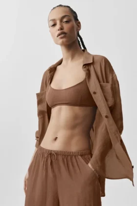 Halbtransparentes „Golden Hour“-Langarmshirt mit Knopfleiste – Sun Kissed Brown