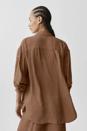 Halbtransparentes „Golden Hour“-Langarmshirt mit Knopfleiste – Sun Kissed Brown