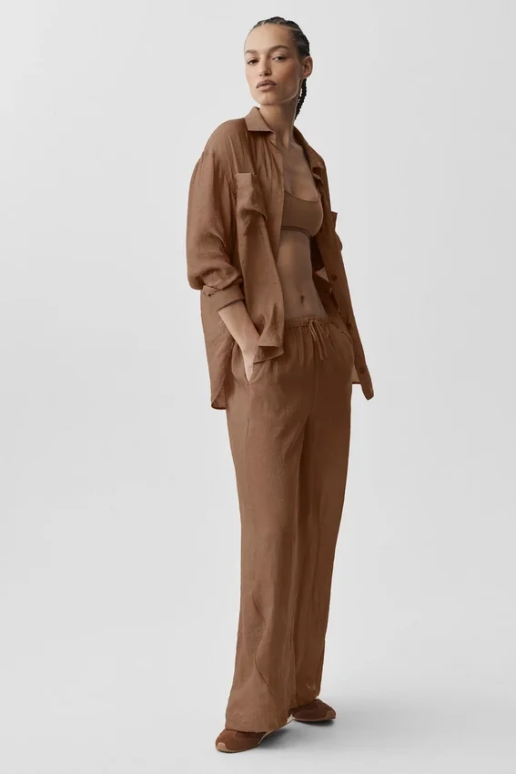 Halbtransparentes „Golden Hour“-Langarmshirt mit Knopfleiste – Sun Kissed Brown