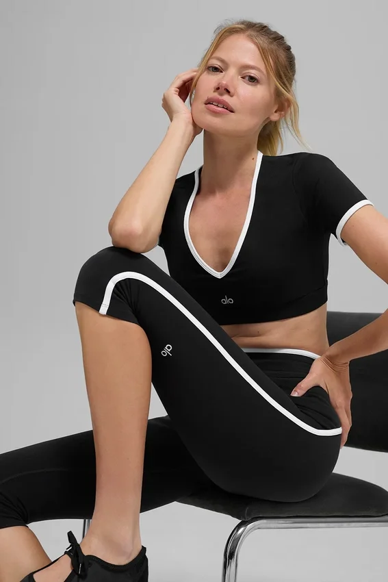 High-Waist Airbrush Caprihose im Race-Pace-Stil – Schwarz/Weiß
