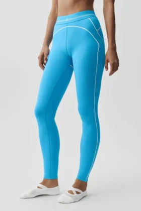 High-Waist Airbrush Legging mit Herzmotiv – Azurblau/Weiß