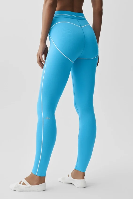 High-Waist Airbrush Legging mit Herzmotiv – Azurblau/Weiß