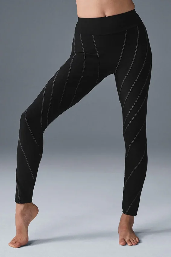 High-Waist Alosoft Legging im Sunray-Design – Schwarz/Weiß