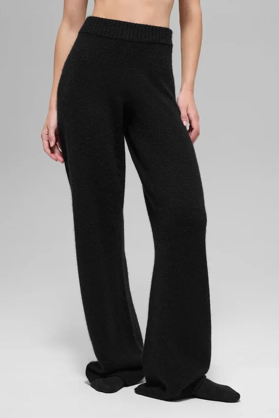 High-Waist-Hose aus Wolle und Kaschmir, weitem Bein – Schwarz