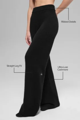 High-Waist-Hose aus Wolle und Kaschmir, weitem Bein – Schwarz