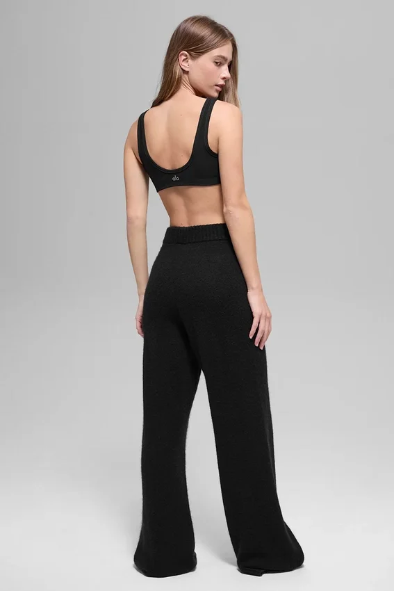 High-Waist-Hose aus Wolle und Kaschmir, weitem Bein – Schwarz