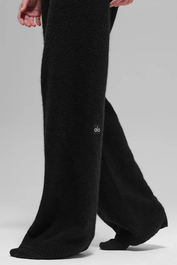 High-Waist-Hose aus Wolle und Kaschmir, weitem Bein – Schwarz