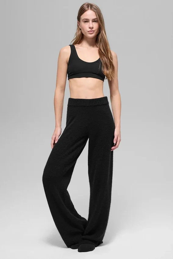 High-Waist-Hose aus Wolle und Kaschmir, weitem Bein – Schwarz