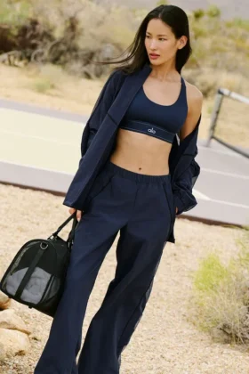High-Waist-Jogginghose mit weitem Bein – Marineblau/Schwarz