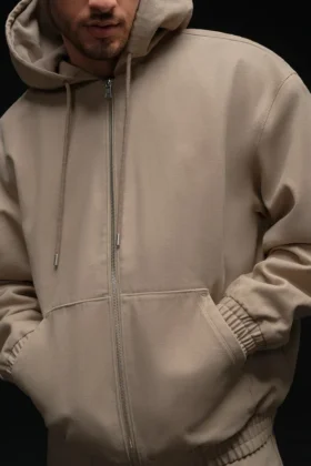 Hoodie aus Baumwoll-Canvas mit durchgehendem Reißverschluss – Gravel