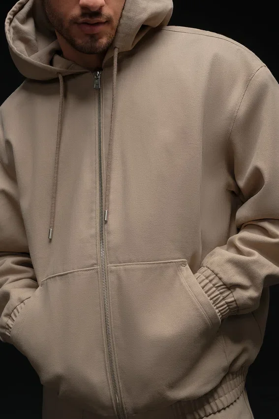 Hoodie aus Baumwoll-Canvas mit durchgehendem Reißverschluss – Gravel