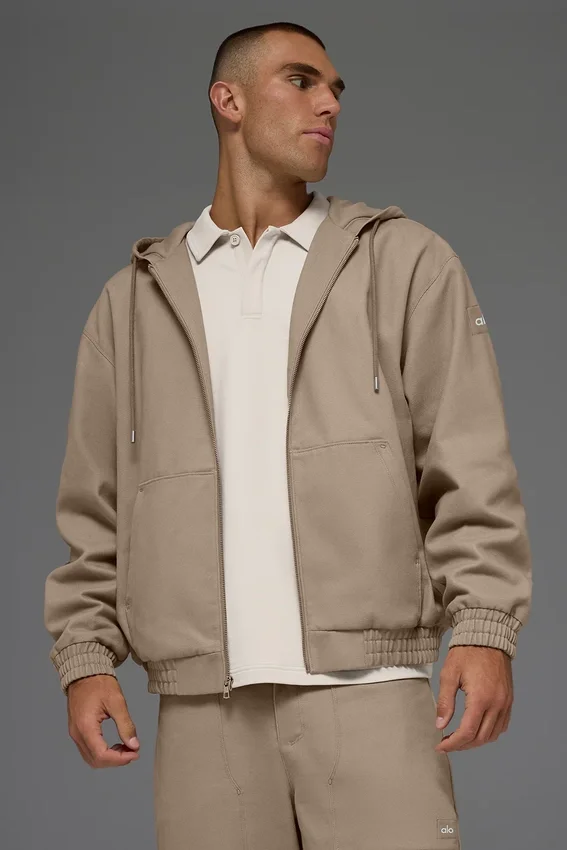 Hoodie aus Baumwoll-Canvas mit durchgehendem Reißverschluss – Gravel