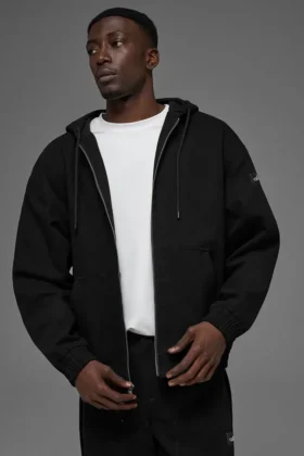 Hoodie aus Baumwoll-Canvas mit durchgehendem Reißverschluss – Schwarz