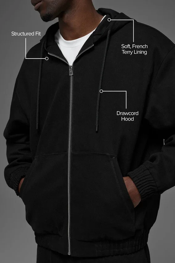 Hoodie aus Baumwoll-Canvas mit durchgehendem Reißverschluss – Schwarz