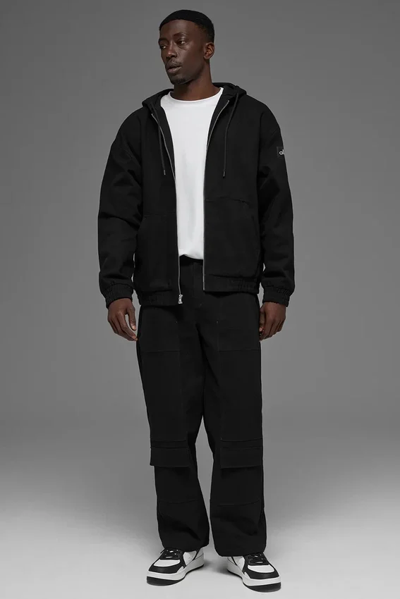 Hoodie aus Baumwoll-Canvas mit durchgehendem Reißverschluss – Schwarz