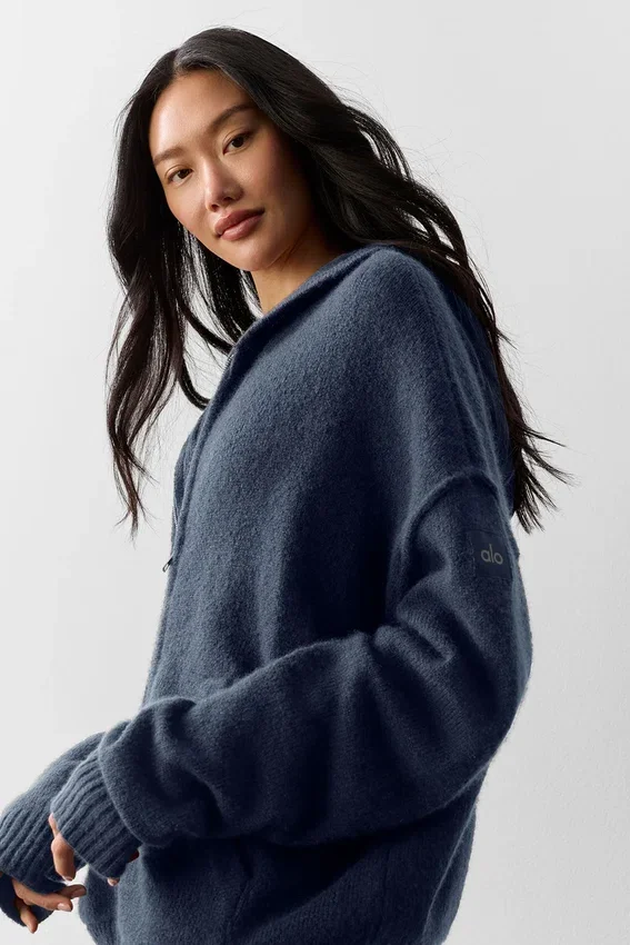 Hoodie „New Class“ aus Wolle und Kaschmir mit durchgehendem Reißverschluss – Navy