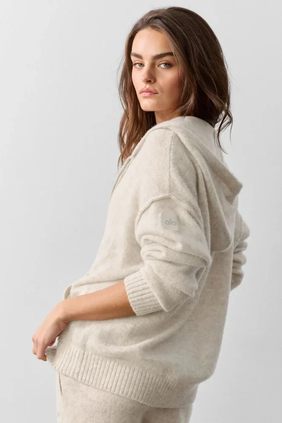 Hoodie „New Class“ aus Wolle und Kaschmir mit durchgehendem Reißverschluss – Oatmeal meliert