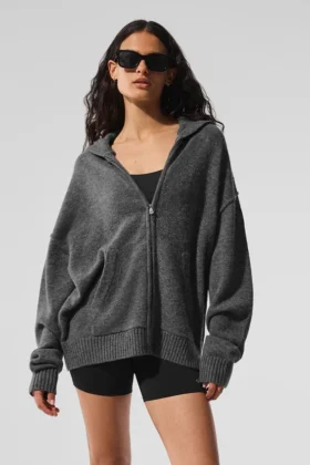 Hoodie „New Class“ aus Wolle und Kaschmir mit durchgehendem Reißverschluss – Platingrau