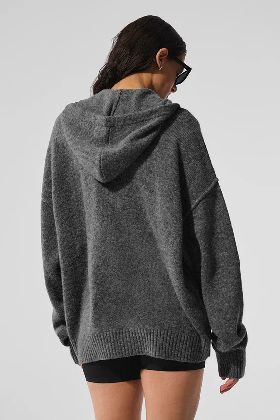 Hoodie „New Class“ aus Wolle und Kaschmir mit durchgehendem Reißverschluss – Platingrau