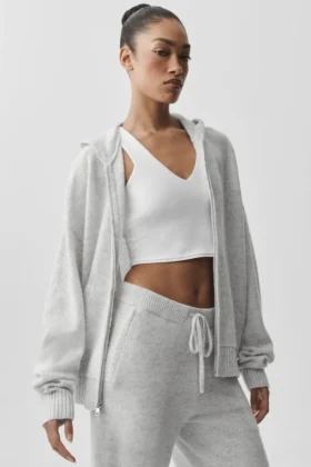 Hoodie „New Class“ aus Wolle und Kaschmir mit durchgehendem Reißverschluss – Weiß meliert