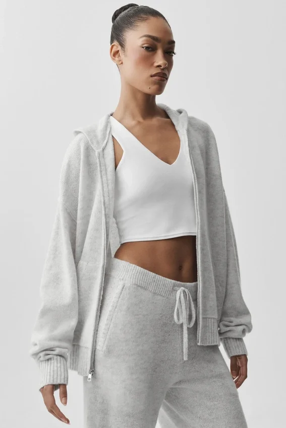 Hoodie „New Class“ aus Wolle und Kaschmir mit durchgehendem Reißverschluss – Weiß meliert