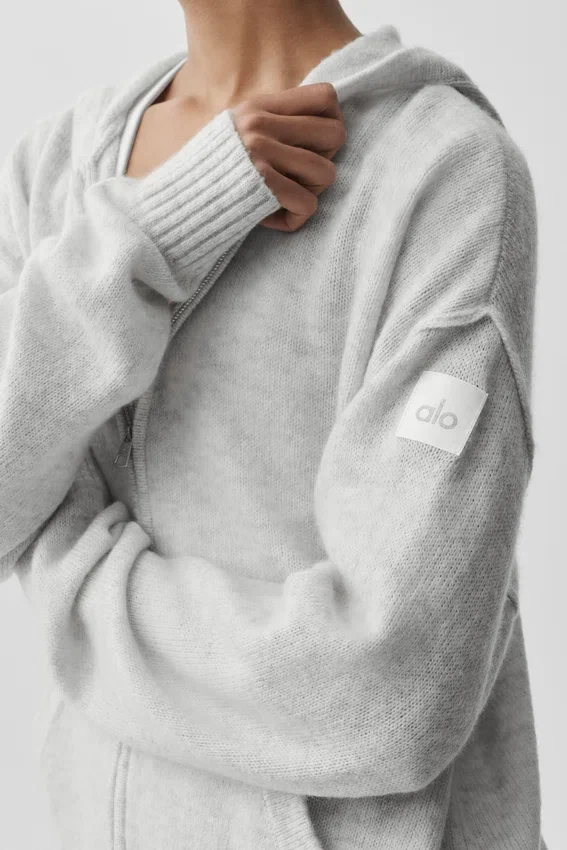 Hoodie „New Class“ aus Wolle und Kaschmir mit durchgehendem Reißverschluss – Weiß meliert