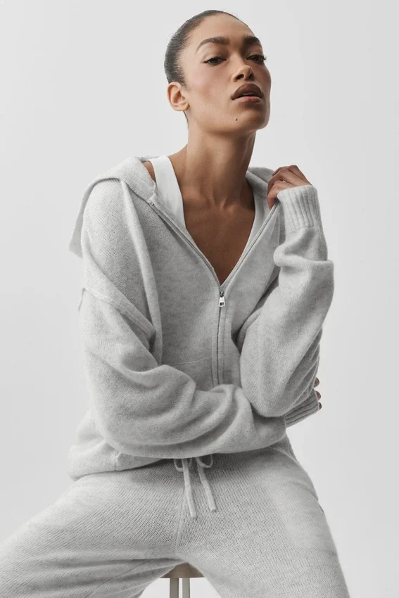 Hoodie „New Class“ aus Wolle und Kaschmir mit durchgehendem Reißverschluss – Weiß meliert