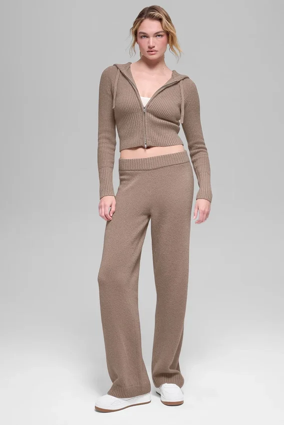 Hoodie „Noble“ aus Wolle und Kaschmir mit Rippbündchen und durchgehendem Reißverschluss – Chai Latte