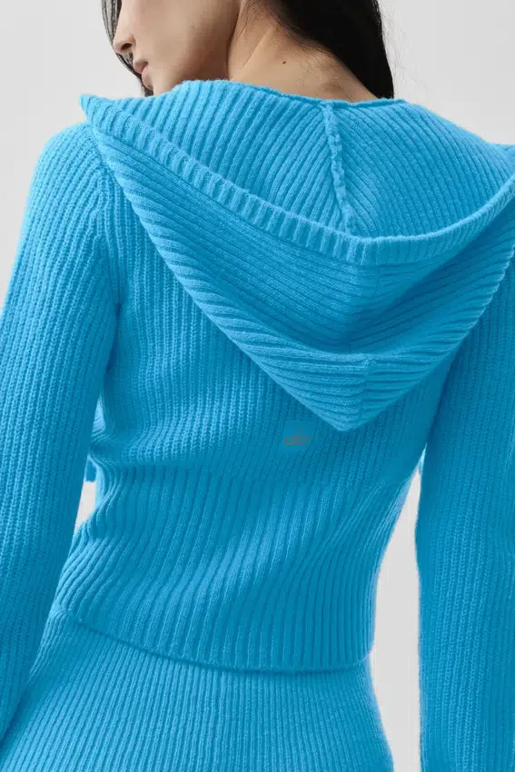 Hoodie „Noble“ aus Wolle und Kaschmir mit Rippstruktur und durchgehendem Reißverschluss – Azurblau