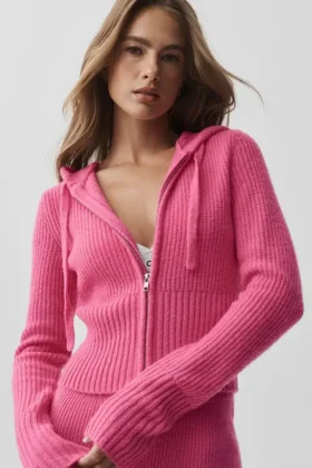 Hoodie „Noble“ aus Wolle und Kaschmir mit Rippstruktur und durchgehendem Reißverschluss – Paradise Pink